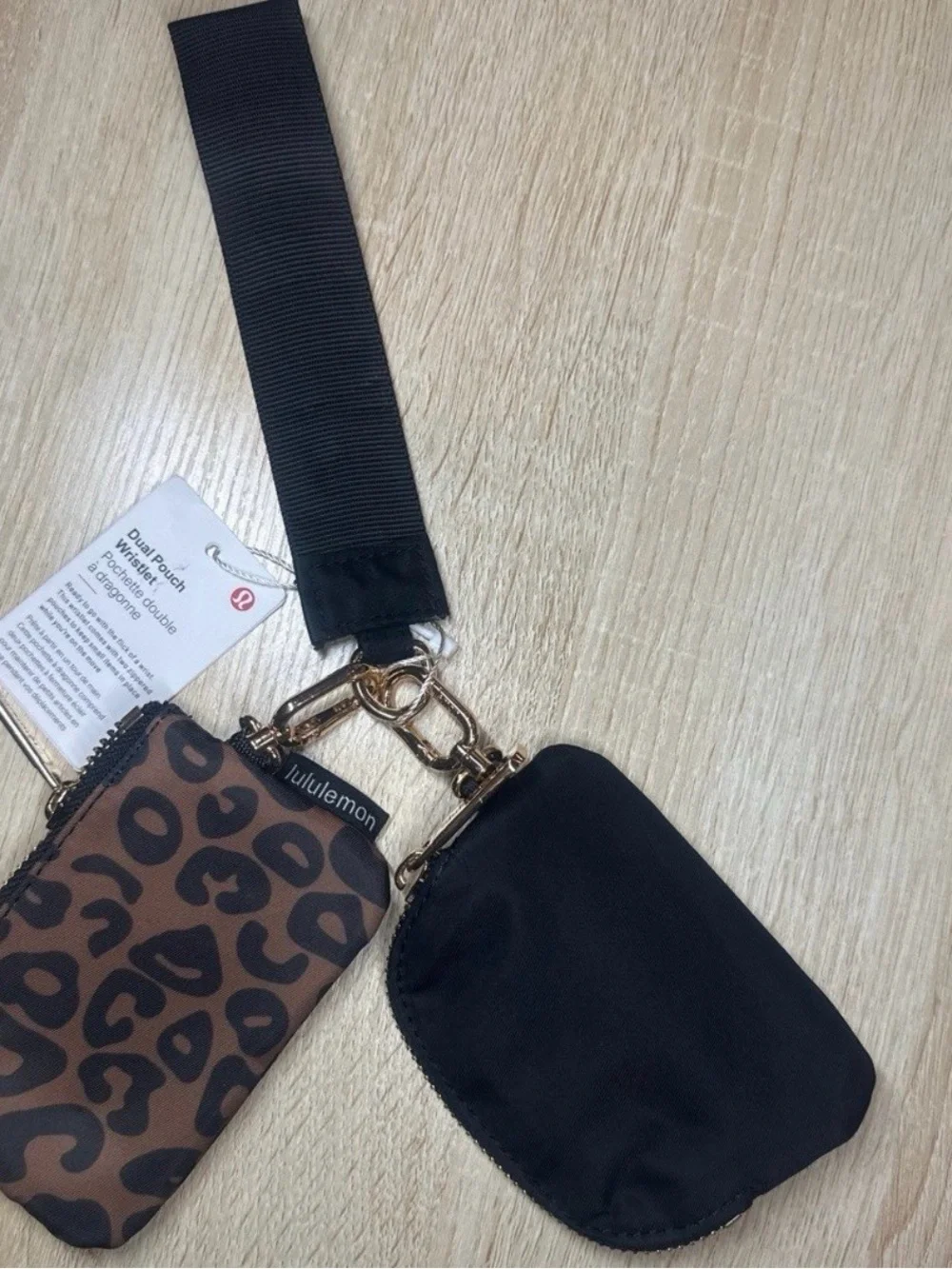 lululemon athletica Dual Pouch Wristlet in Brown Leopard Print with Black Strap